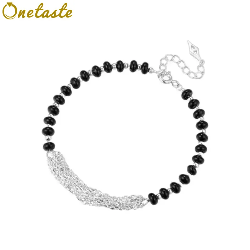 

Многослойная цепочка из стерлингового серебра 925 пробы с ониксом, черный агат, браслет из бисера, модный штабелируемый массивный браслет для женщин, подарок