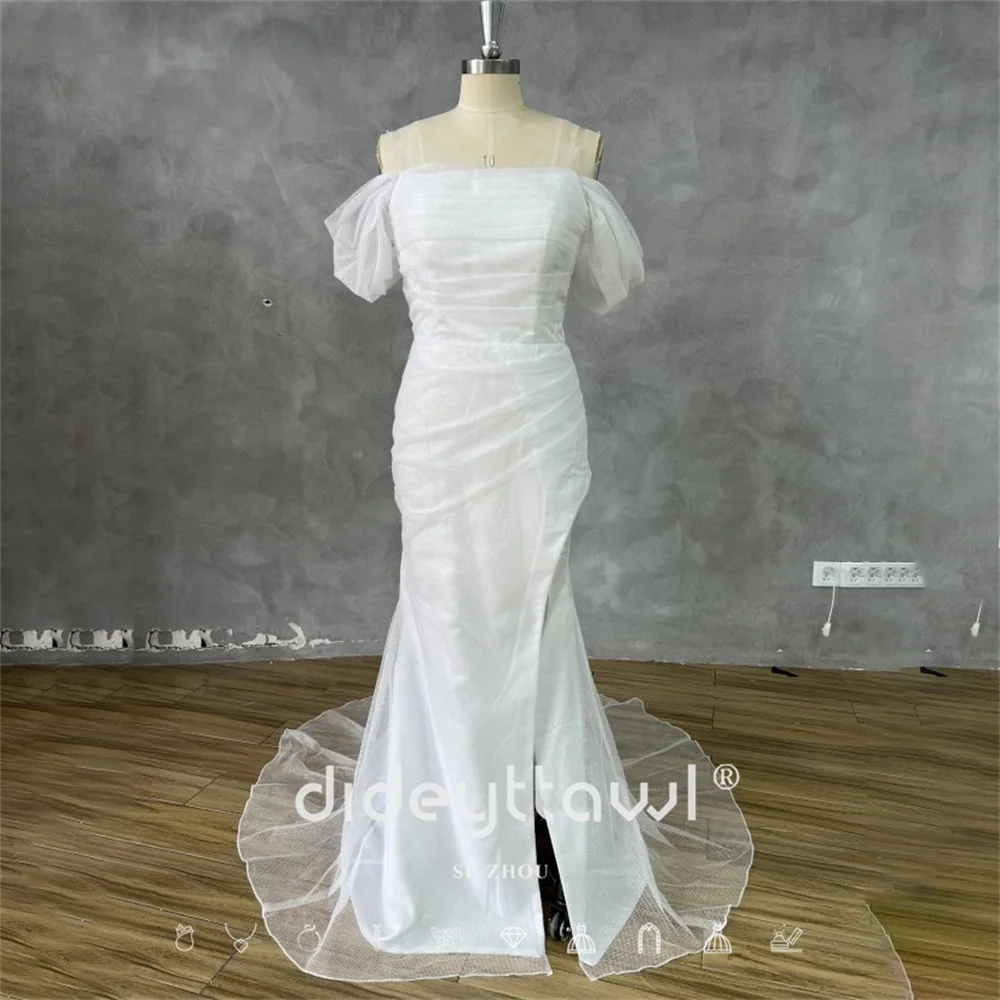 

DIDEYTTAWL Real Picture Customized Off The Shoulder Puff Sleeve Tulle Mermaid Wedding Dress Lace Up Back Elegant Charming Newest