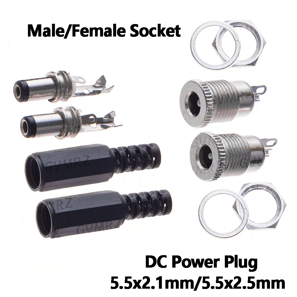 5Pair 5.5x2.1mm 5.5x2.5mm DC Power Plug Male Female Jack Socket Nut Panel Mount DC Power Adapter Connector DC099 5.5x2.1/5.5x2.5