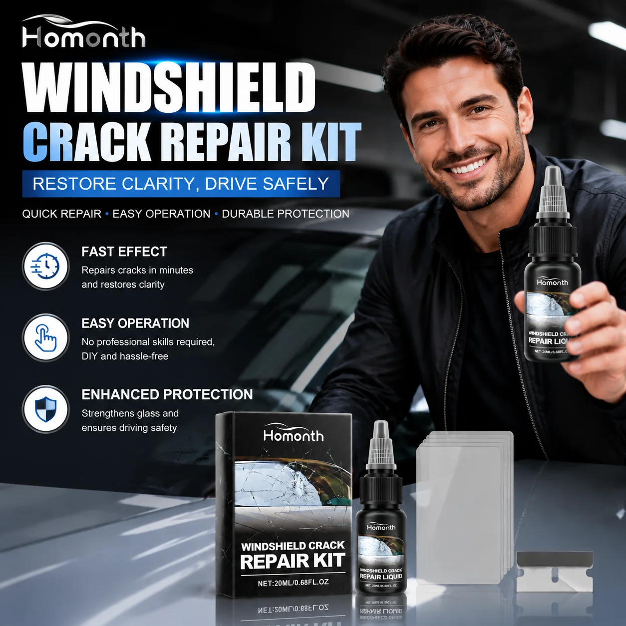 Homonth Windshield Crack Repair Kit Crack Repair Strong Bonding Waterproof & Moisture‑proof DIY Operation Auto Glass Repair Kit