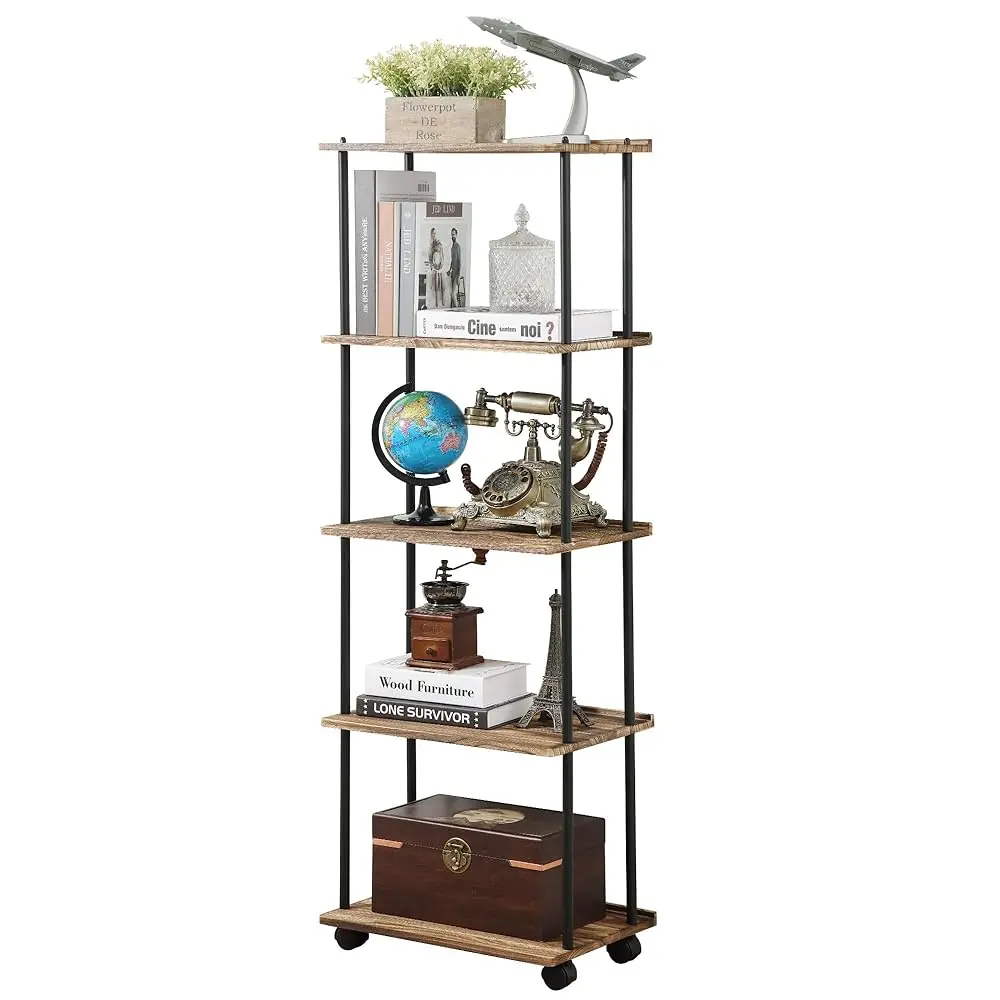 

Small Bookshelf With Wheels, 5 Tier Movable And Rotating Bookcase For Small Spaces, Corner Bookshelf Storage Organizer For Home