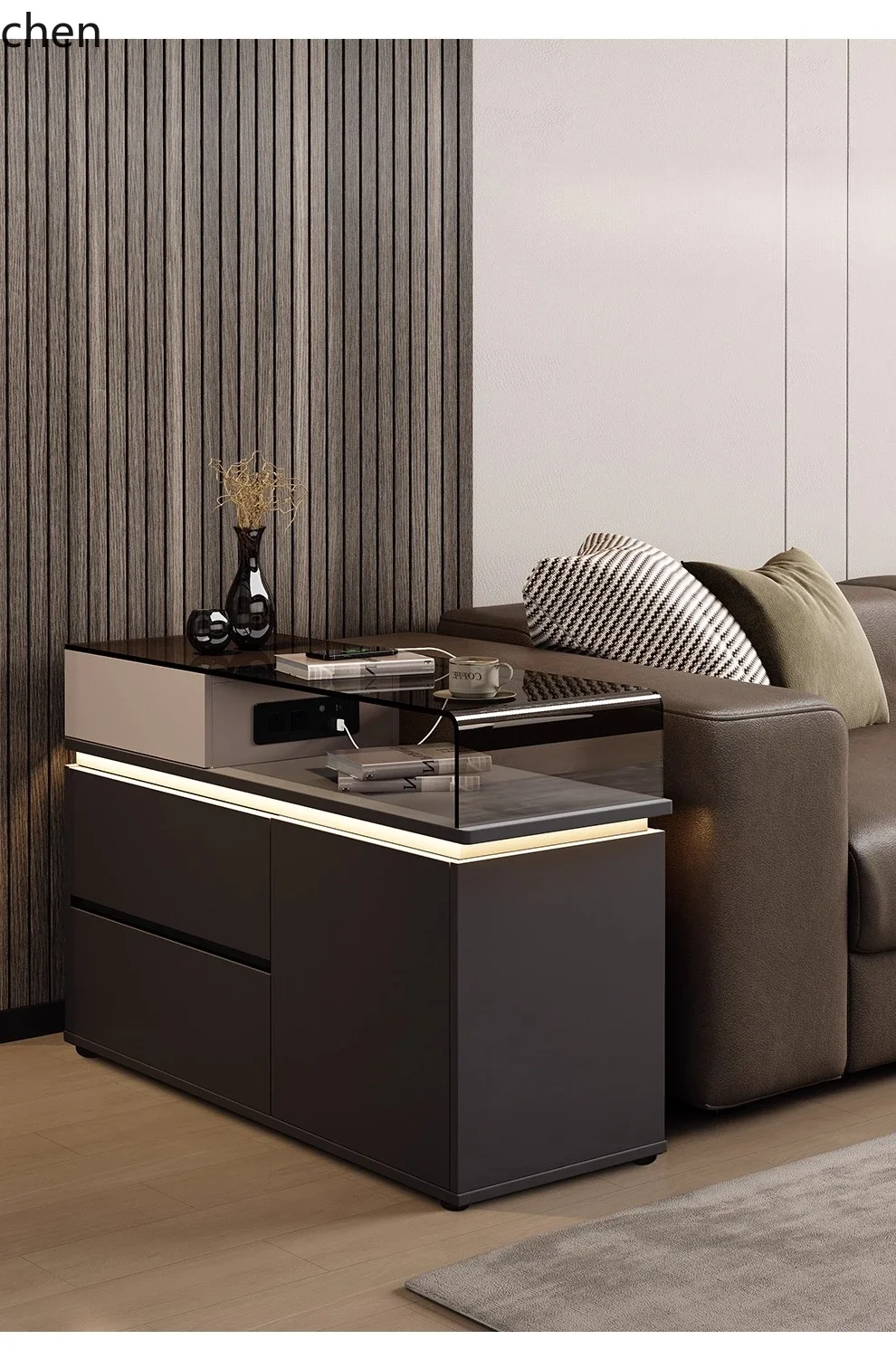 AB  Sofa Side Cabinet Movable Living Room Home Corner Table Side Table with Socket and Lig