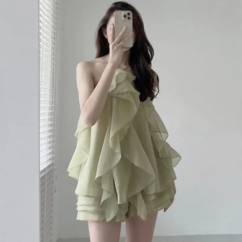 Boho Dress Vintage Hanging Neck Layer Ruffle Sleeveless Sling  Short Sexy Green Chiffon es Robe Vestidos Mujer Korean