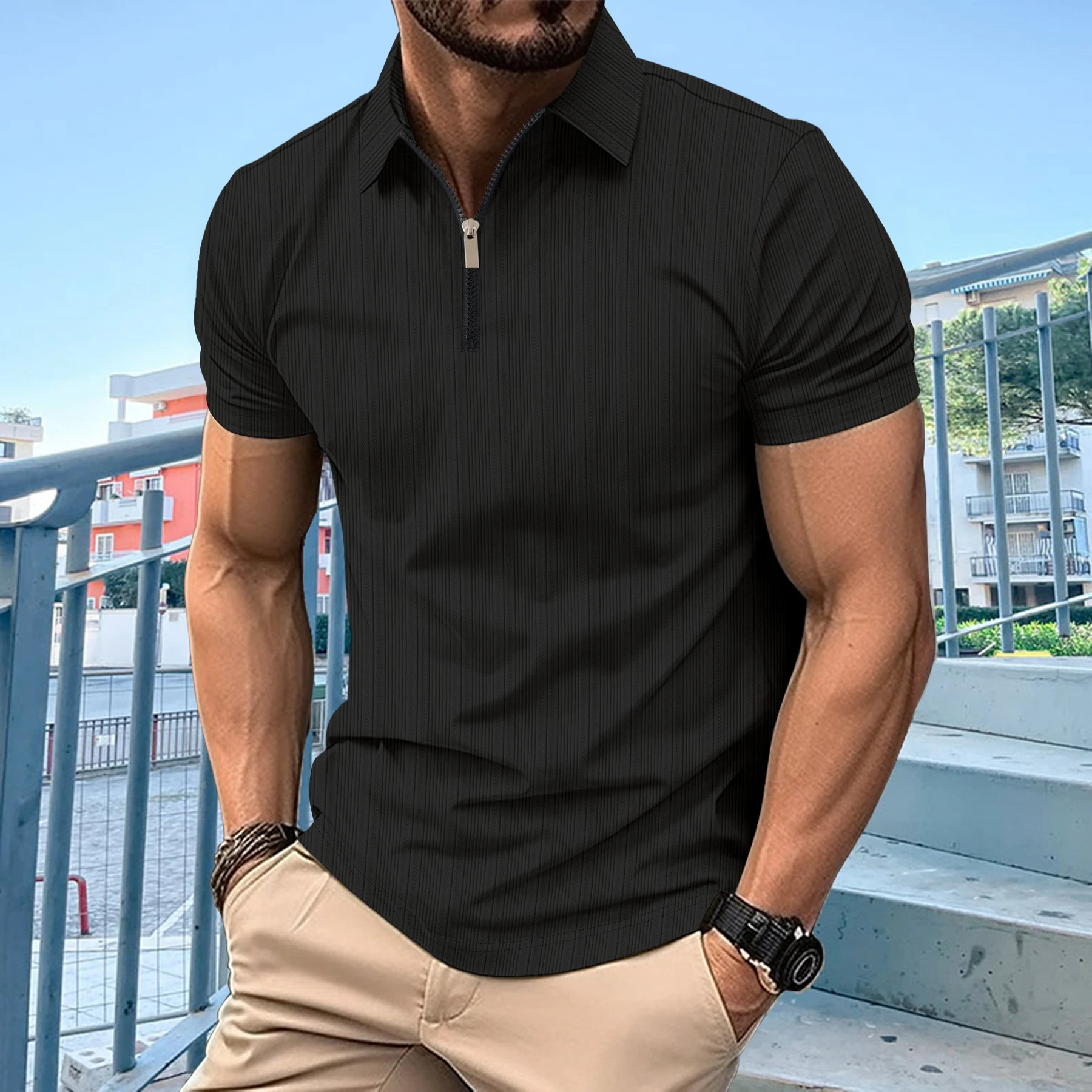 Men's short-sleeved polo shirt zipper texture lapel solid color T-shirt sports leisure slim-fit high quality fashion hot sale