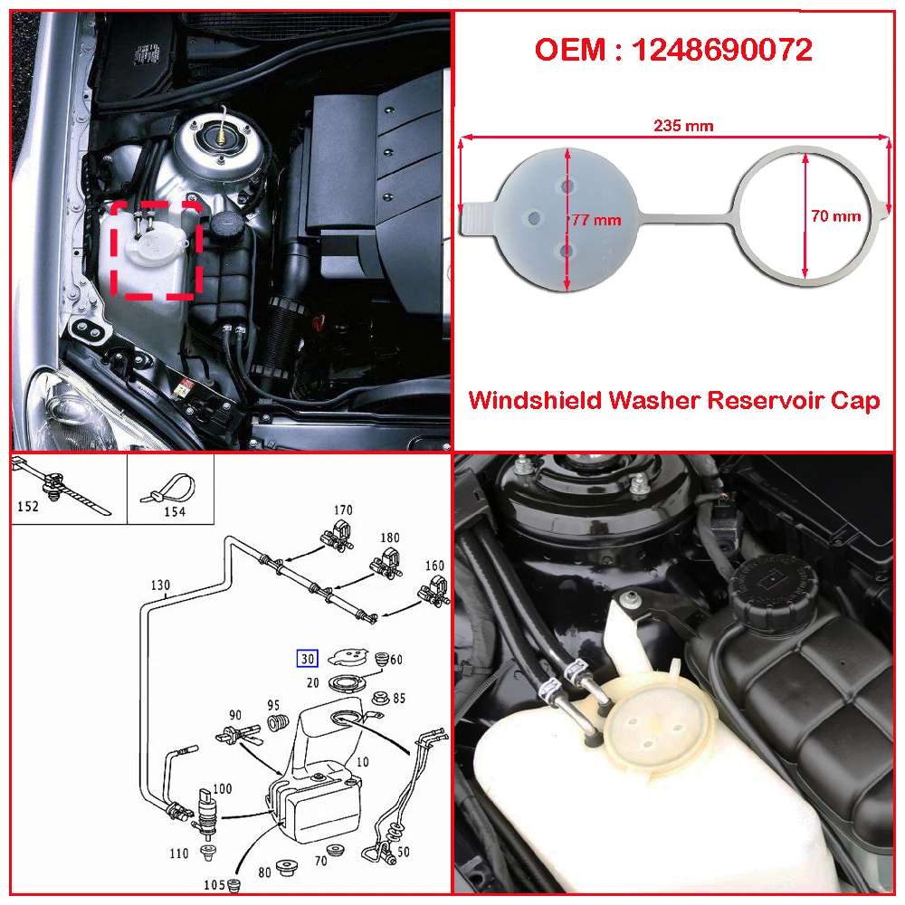 

1248690072 For Mercedes Benz W123 W124 W126 W202 S202 S123 C124 S124 C126 R107 Car Windshield Wiper Washer Fluid Reservoir Cap