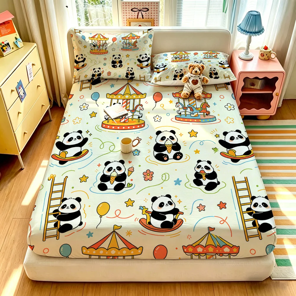 Amusement Park Panda Fitted Sheet 3PCS Set Cartoon Panda Print Bedding Set 1 Fitted Sheet + 2 Pillowcases for Bedroom