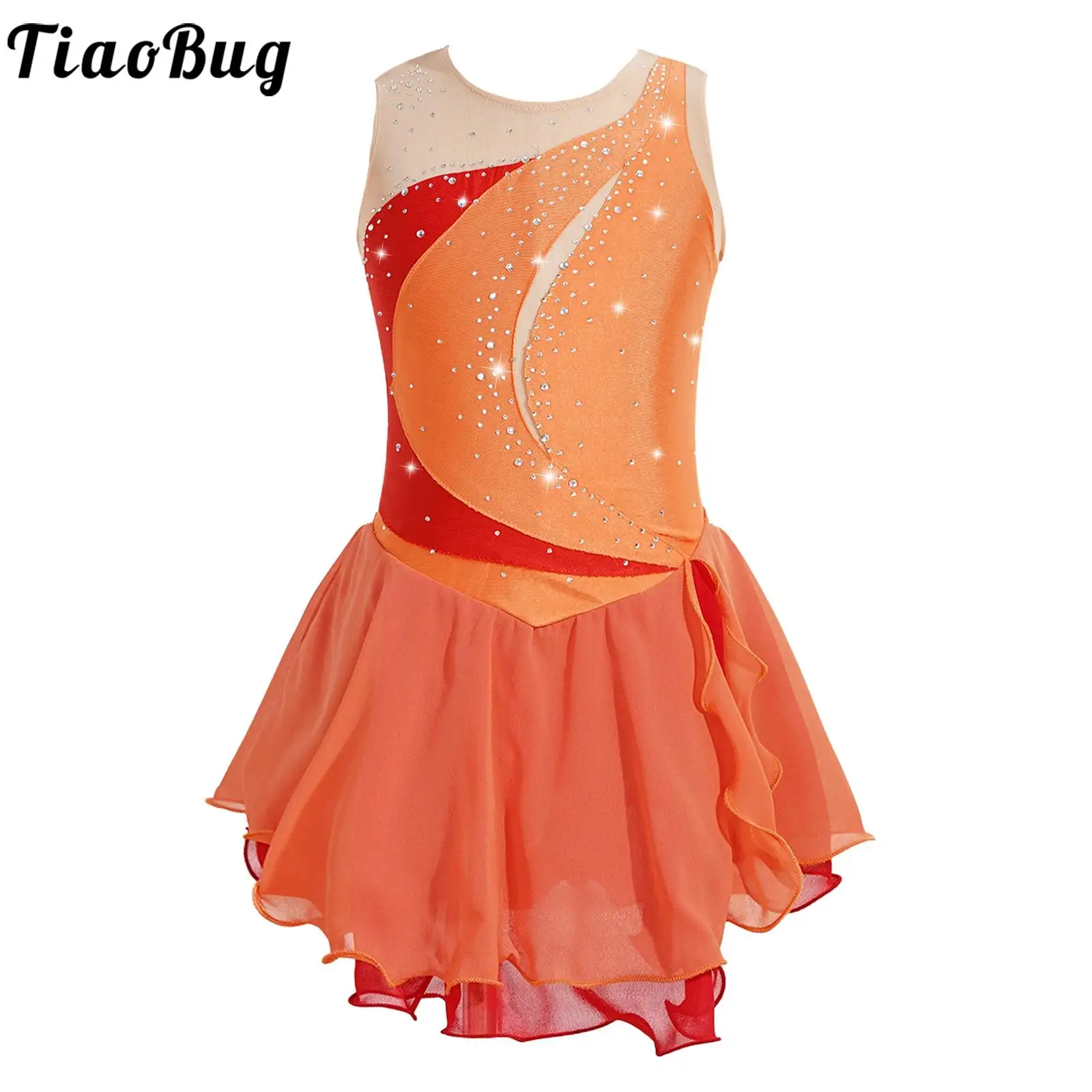 Girls Figure Skating Dress Competition Costume Gymnastics Leotard Ballet Dress Rhinestone Dance Sleeveless Ruffle Skirt for Kids