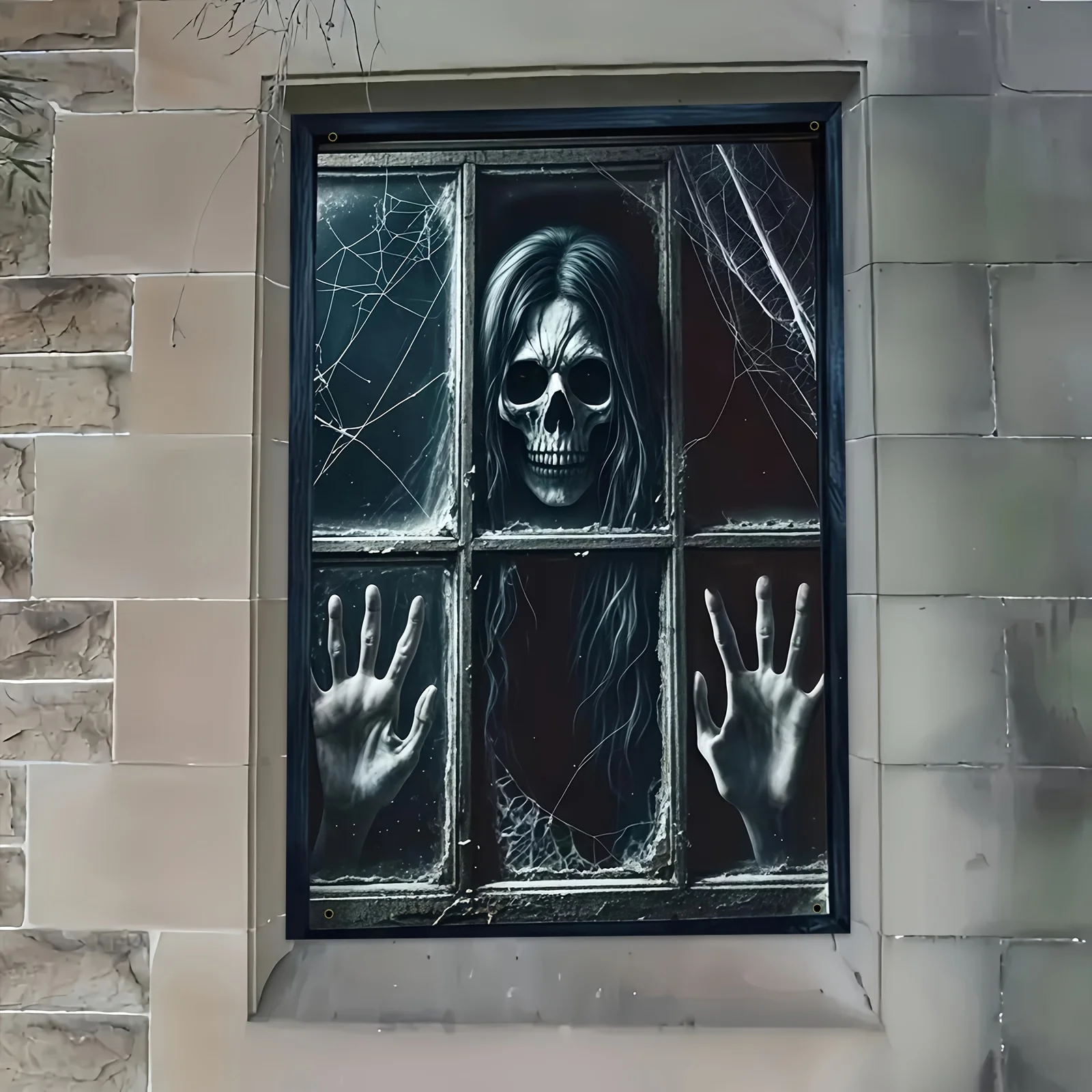 لافتة مسطحة ثنائية الأبعاد قطعة واحدة من لافتة حفلات الهالوين - ستارة شبكة عنكبوت على شكل جمجمة من البوليستر للديكور الداخلي والخارجي