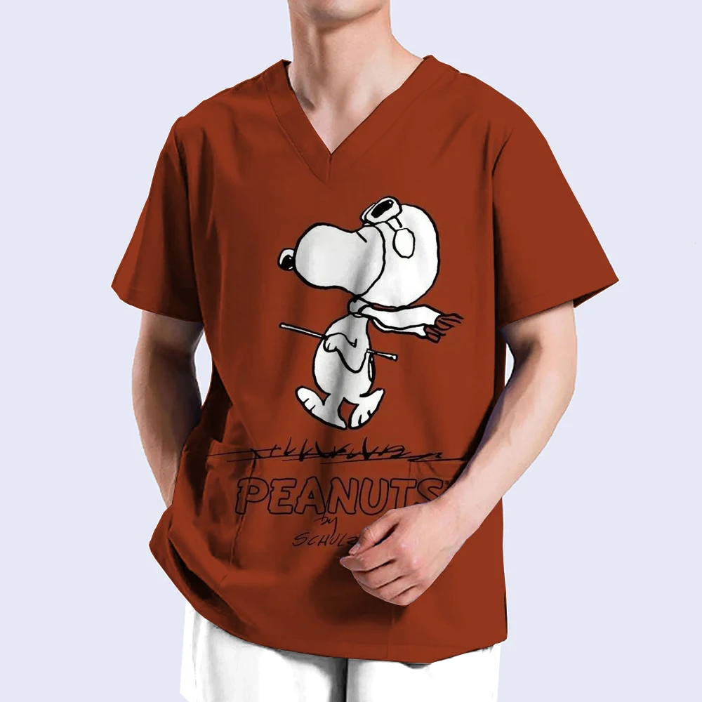 New Hospital Nursing Workwear Surgical Shirt Medical Scrubs Tops for women men Snoopy print V-neck Pockets Uniforms Scrub Blouse