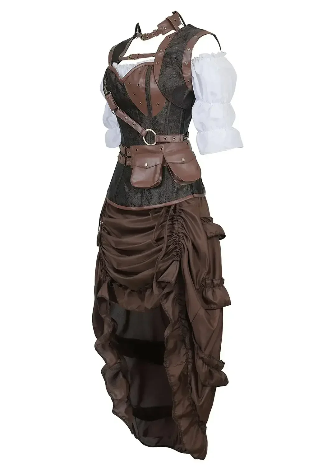 Leather Pirate Corset Vintage Retro Pattern Bustiers Steampunk Victorian Corsage 3 Piece Outfits for Women Carnival Costumes