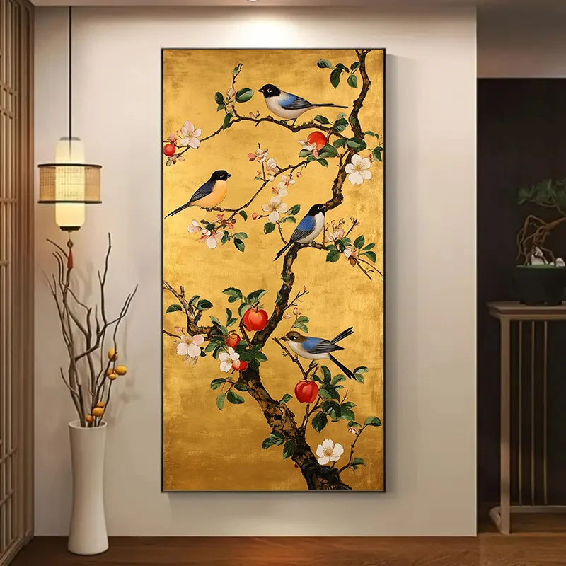 Large Japanese Flower Bird Paint Golden Background Canvas Print Blossoming Branches Accent Bird Wall Art Poster for Home Decor