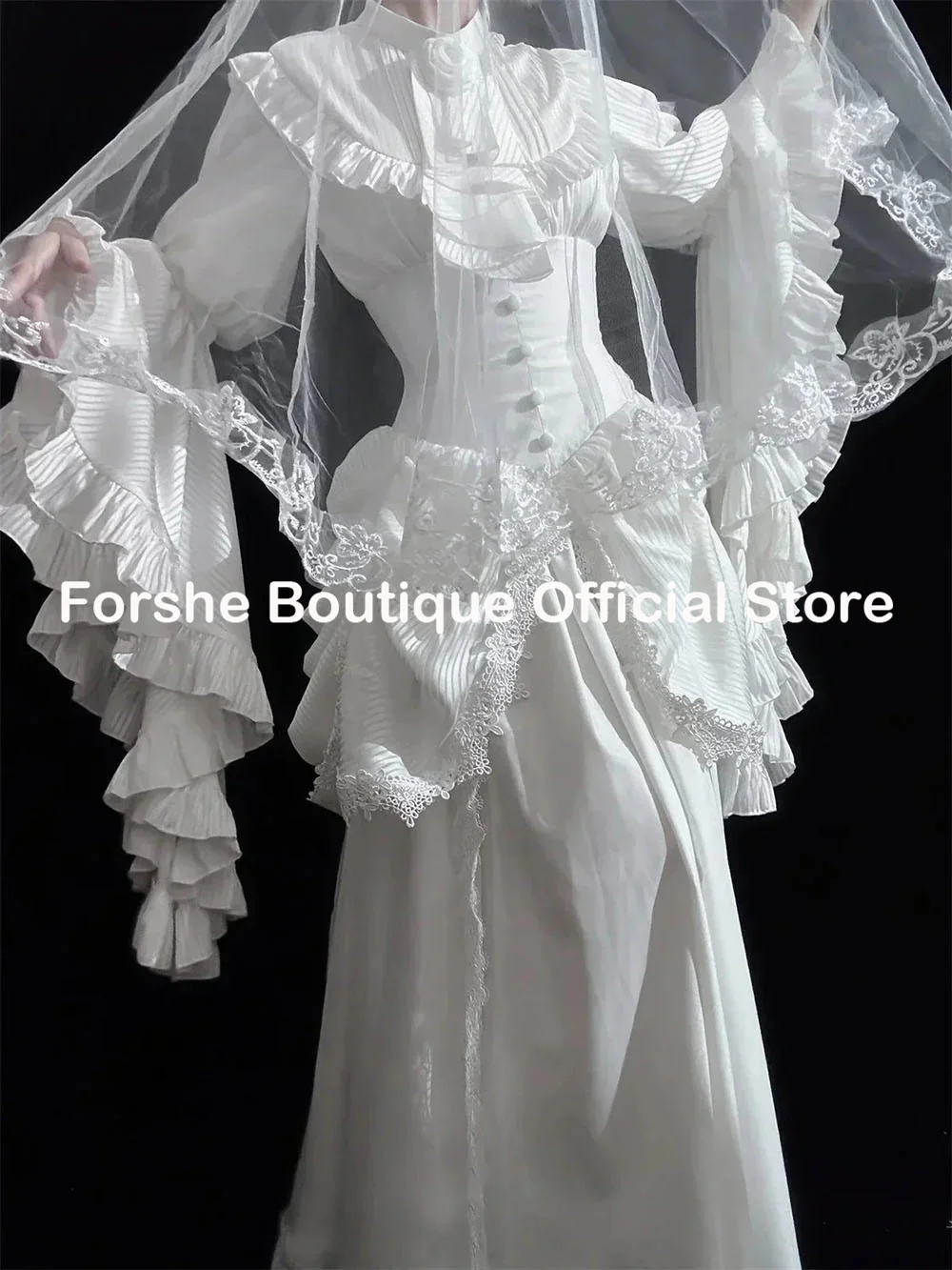 Customized White Victorian Wedding Dress High Neck Ruffles Long Sleeves with Veil Elegant Bridal Gown