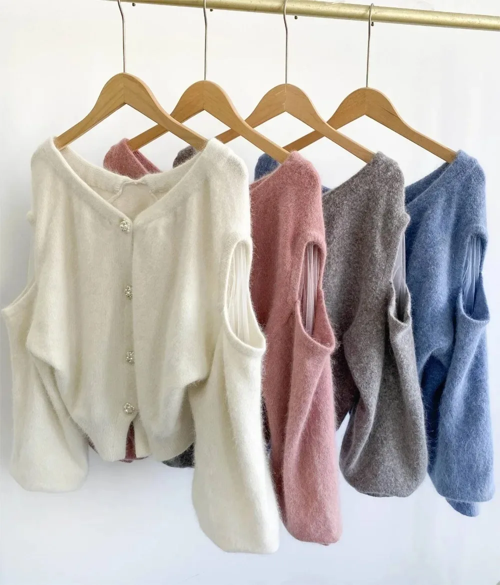 Kuzuwata V Neck Long Sleeve Solid Woman Sweaters Single Breasted Sweet Casual Jumper Japan Knit Lace Shoulder Strapless Tops