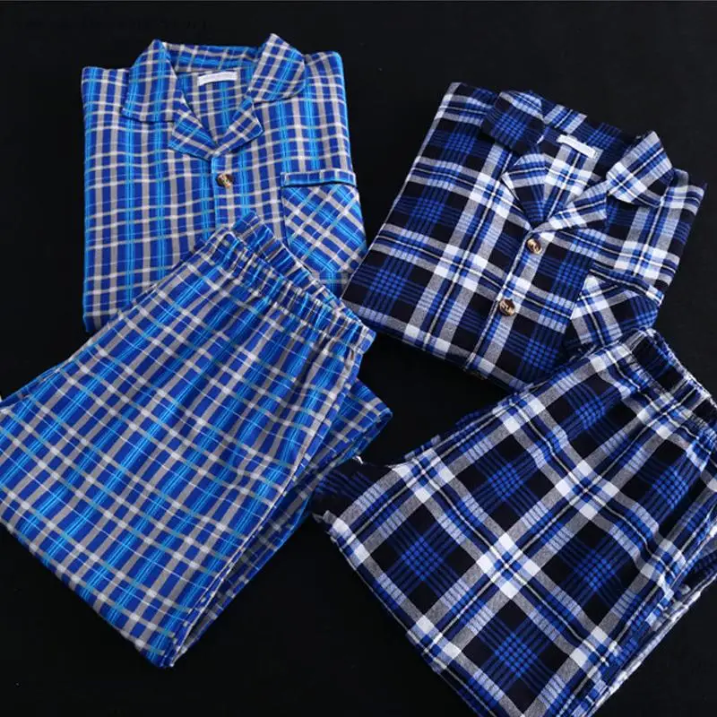 Men's Cotton Checkered Pajamas Set Long Sleeved Shirt&Trouser Pyjamas Suit Loungewear Loose Casual Home Wear Male Sleepwear