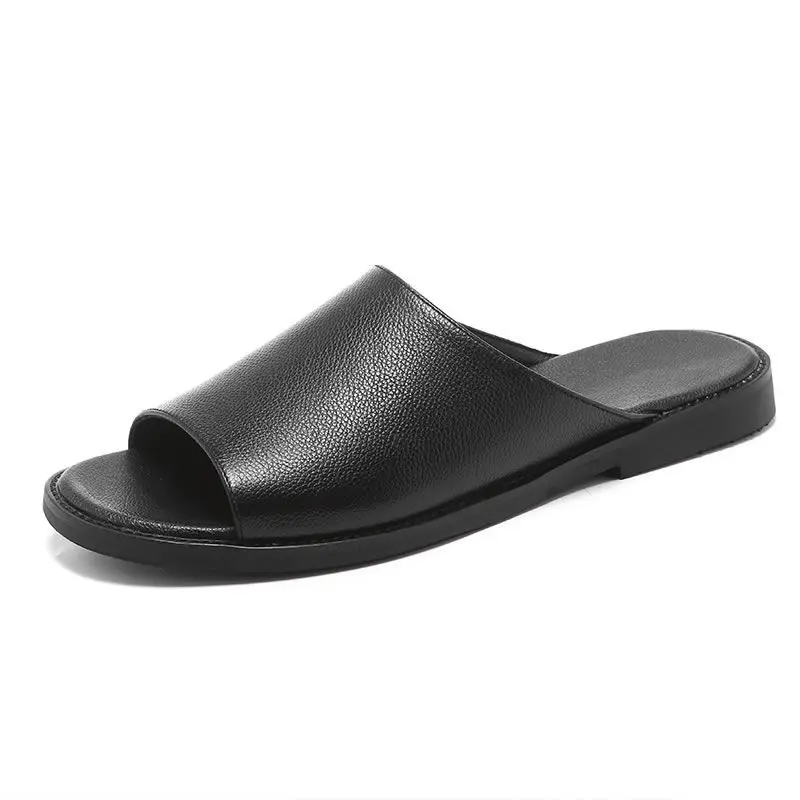 Genuine Cow Leather Slippers Homes Indoor Slipper Summer Open Toe Sandals Men Beach Casual Slides Shoes Flats Male Flip Flops