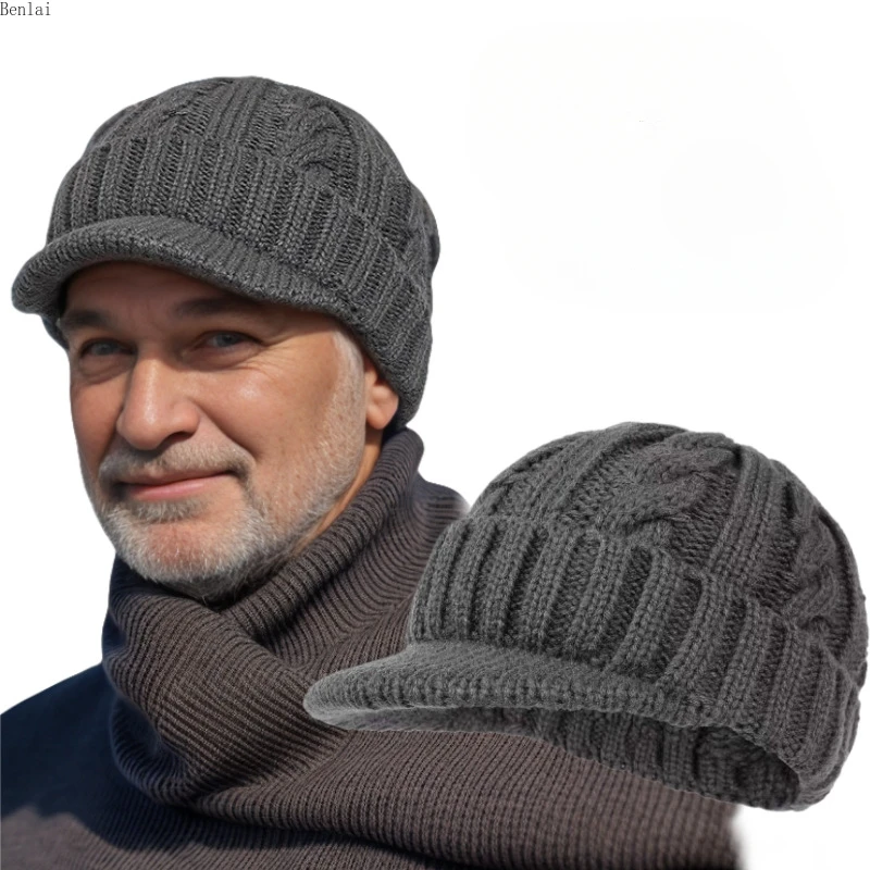 Men's Cap with Short Duck Tongue in Winter, Middle Aged and Old People's Plush and Warm Fried Dough Twists Wool Knitting Hat