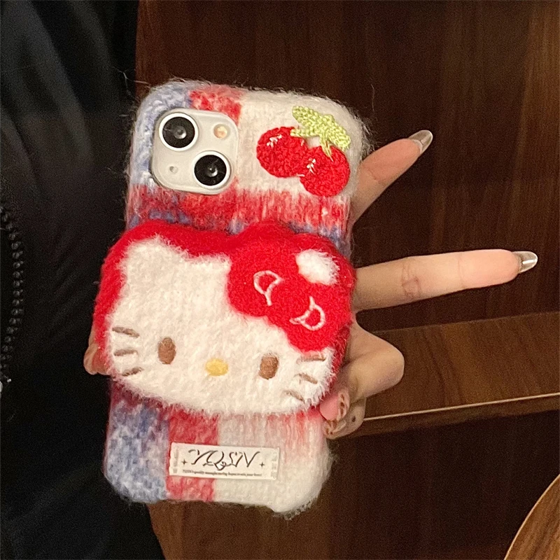 Kawaii Cherry Hello Kitty Plush 3D Doll Plaid Case for IPhone 16 15 14 13 Pro Max Sanrio Anime Fashion Creative Protective Cover