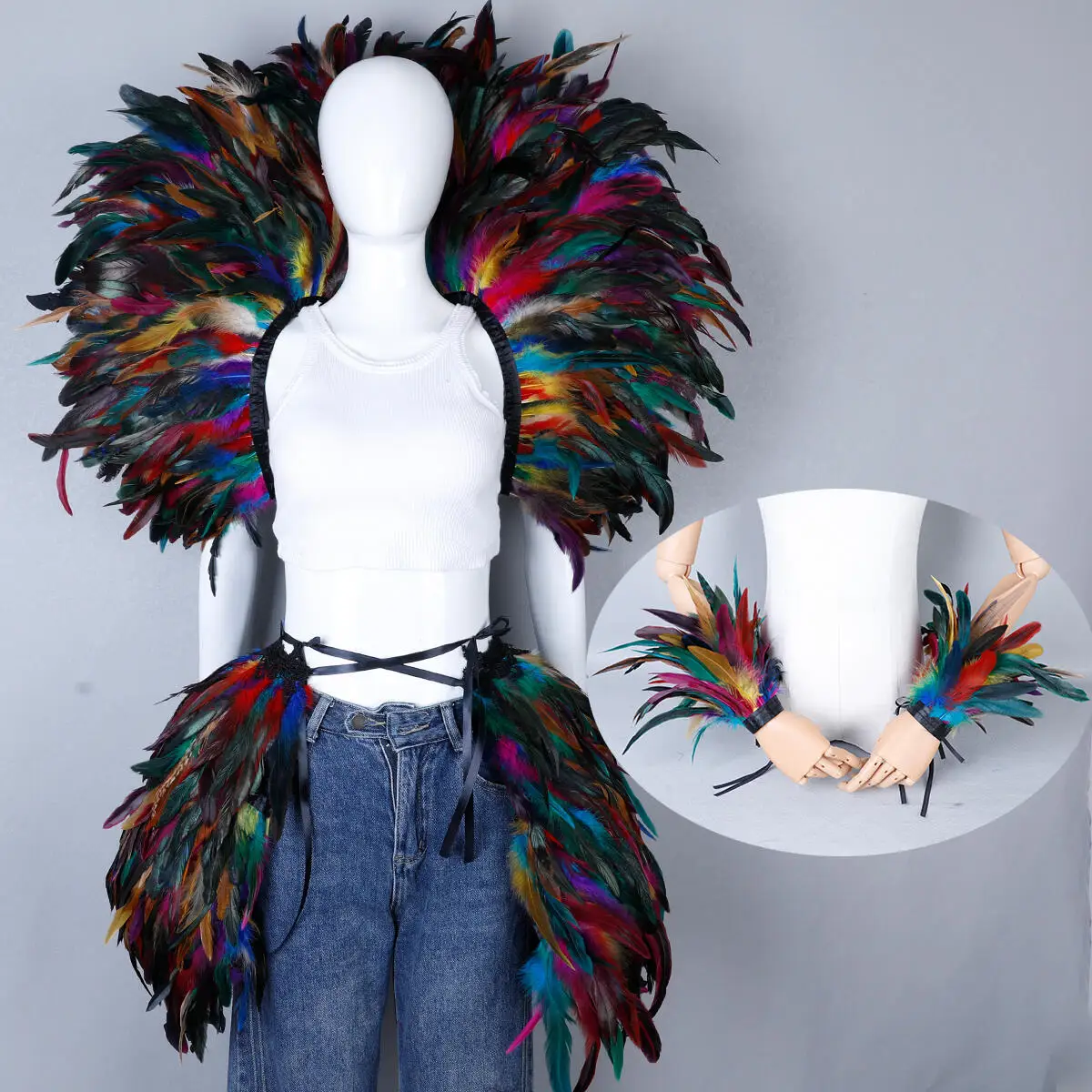 Gothic Karneval 3-teiliges Set Maskerade Gefiederter Kragen Brautschal Halloween Kostümzubehör für Damen Mode Cosplay Hexe – Detail 27