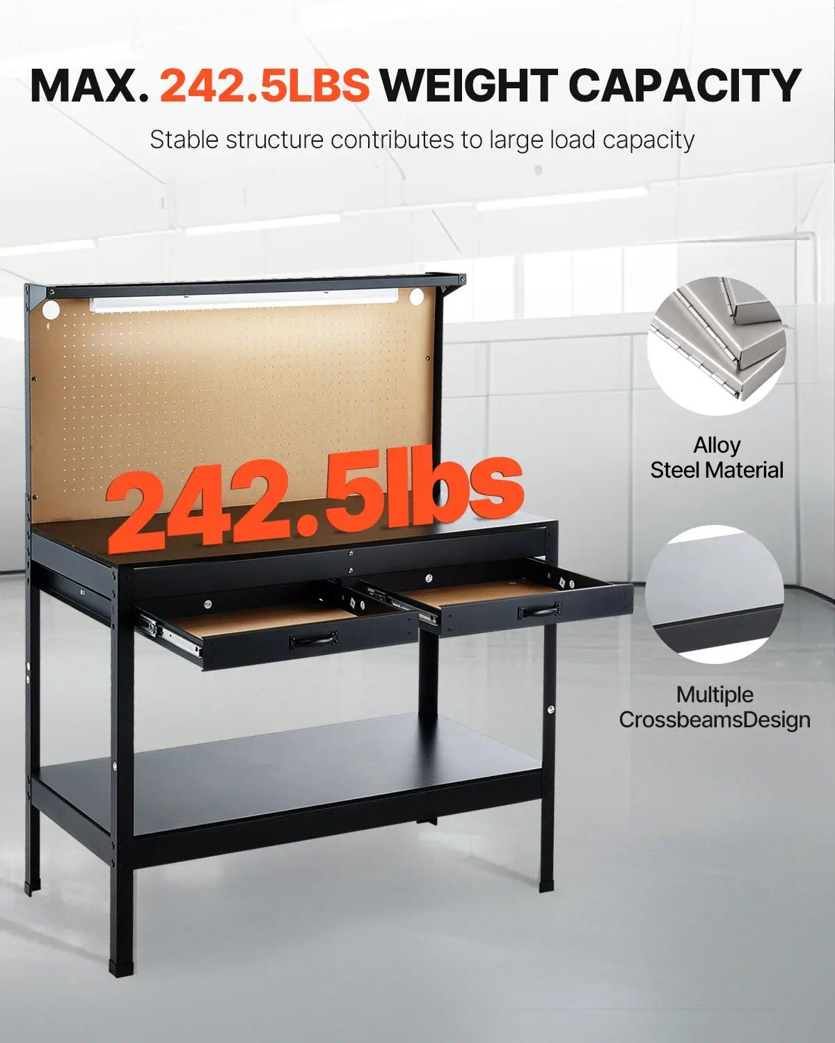 Bancada de trabalho de 242,5 libras Bancada de trabalho resistente de 47,2 polegadas com tomadas de pegboard