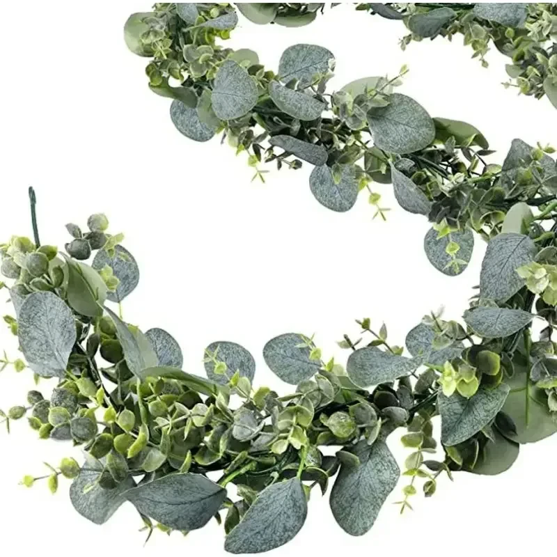 1 Stück künstliche Eukalyptusblätter, grüne Girlande, künstliche Pflanzen, Frühlingsreben mit weißen Blumen, Beeren für Hochzeit, Zuhause, Party, Deko – Detail 7