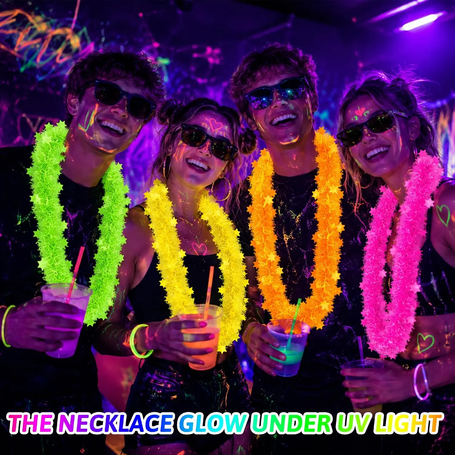Neon Star Flower Lei Glow Necklace for Blacklight Parties 5-Point Star Garland with Tassel for Rave Festival Nightclub Glow Fun
