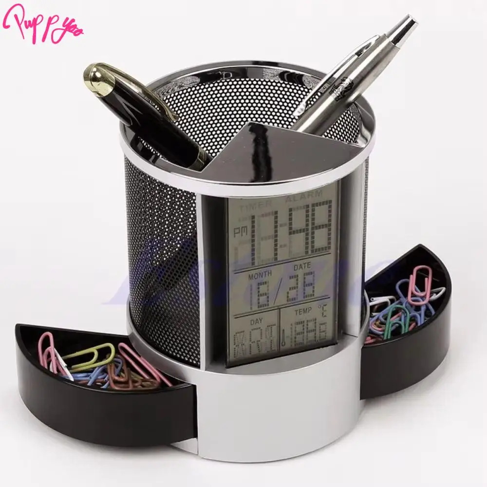 Digital LCD Clock Pen Holder Time Display 2 Drawers Electronic Pencil Organizer Wire Mesh Anti Slip Base