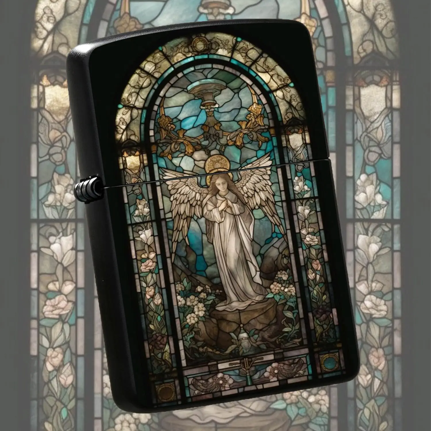 Vintage Stained Glass Angel Pattern Lighter, Arched Church Window Art Design Portable Daily Use Accessory, Exquisite Aesthetic Decorative Pocket Item, Ideal Gift Choice For Different Occasions, Unique Artistic Collectible Practical Carry-On