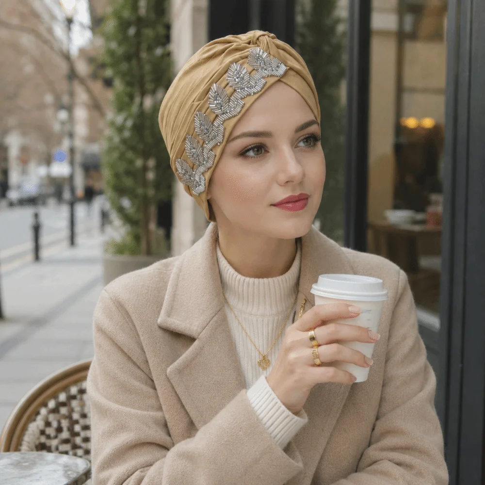 Casual Solid Color Side Leaf Rhinestones Headscarf Elegant Breathable Cross Knot Headwrap Soft Versatile Headwrap Hat Party