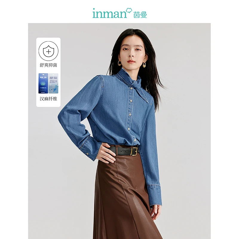 

INMAN vintage pointy collar Denim Shirts 2024 Autumn women's blouses long-sleeved loose tops