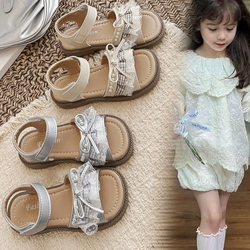 

Summer Girl Princess Shoe2026New Korean Edition Child Soft Shoe Fashion Girl Anti Slip Daily Lace Matching Skirt Bow LeatherShoe