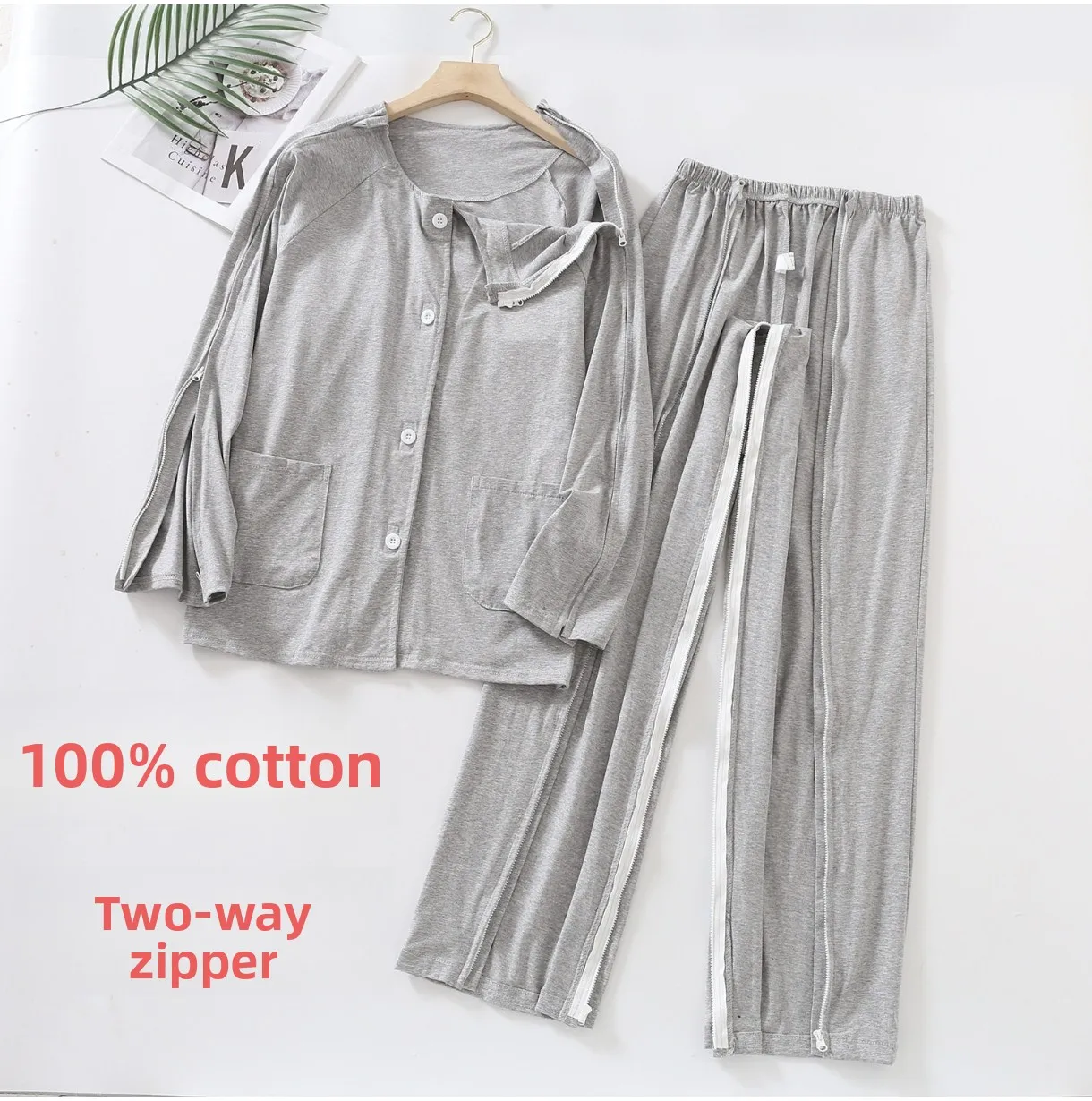 Easily Wearable 100% Cotton Patient Gown with Double Zipper for Easy Removal Nursing Care Bedbound Incontinence Long Sleeve Top