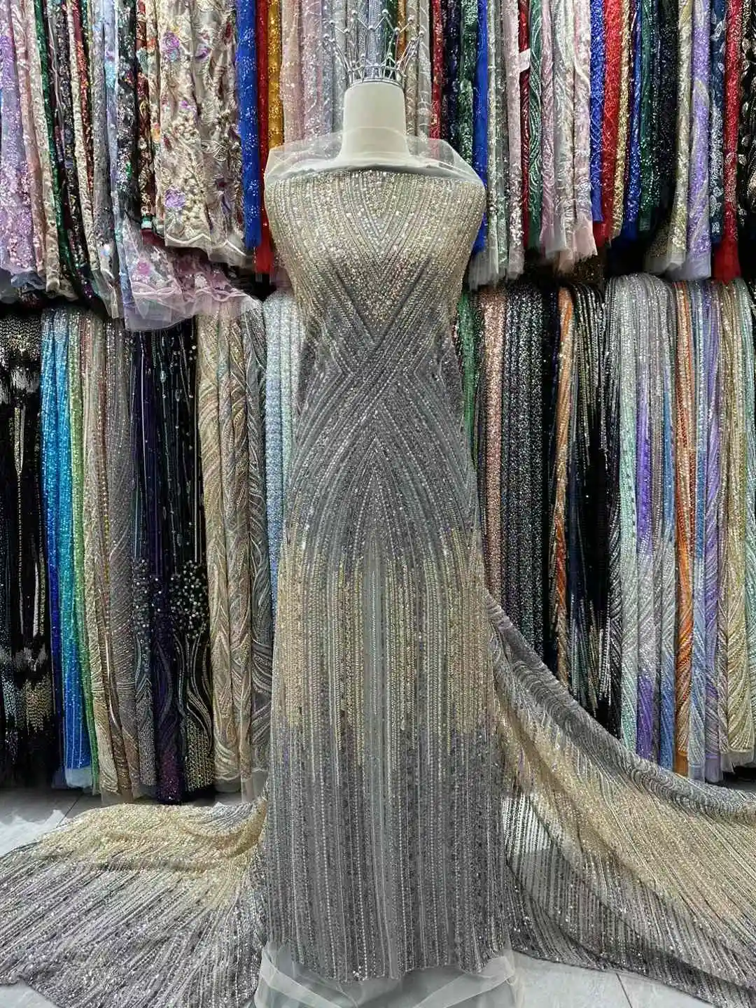 2025 Latest Elegant Best Quality Mixed Colors Luxurious Beaded Tube Lace With Stones fabric For Wedding Evening Dress U_Ge3587