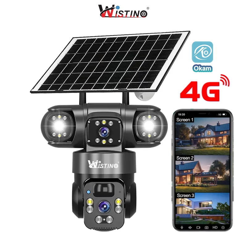 

Wistino Okam Three Screens Outdoor Solar Panel Camera 360 Degree Rotating Motion Detection 4G Sim Card Cctv Camera