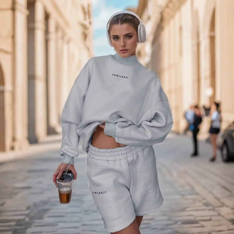 Half-high Collar Long Sleeve Letter Printed Sweater High Waist Casual Shorts Autumn European and American Fashion suit Women