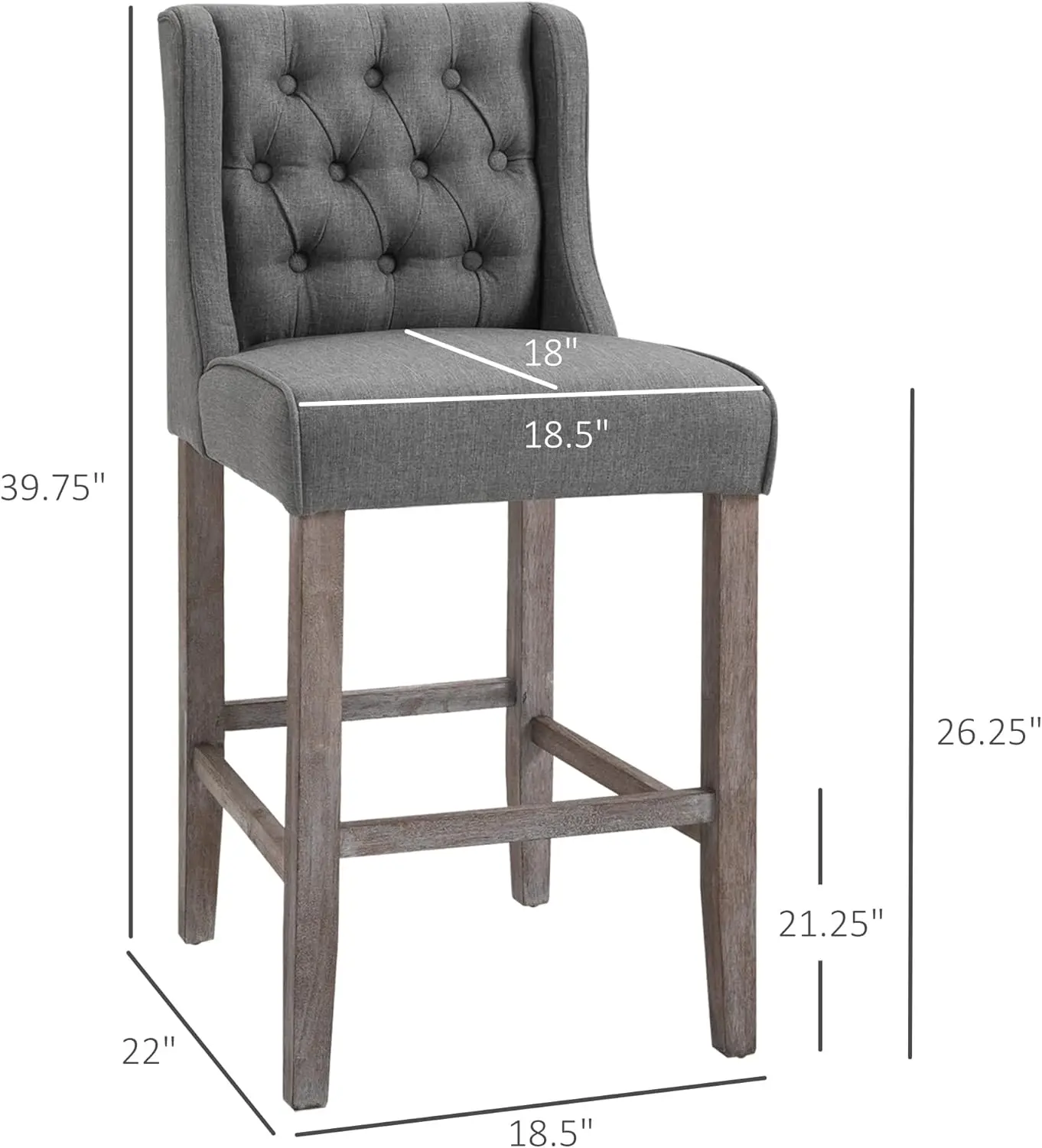 Balcão Altura Bar Bancos, Tufted Wingback, Sem Braços Estofados Cadeira De Jantar, Madeira De Borracha Pernas, Cinza, Conjunto De 2, 26,25"