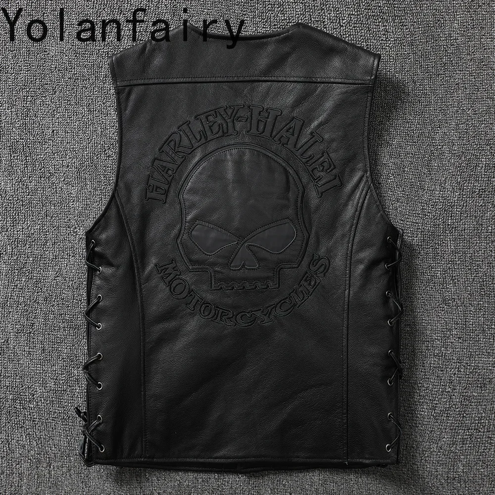 YOLANFAIRY Motorcycle Vest Men Natural Leather Jacket Male Pure Top Layer Real Cowhide Biker Coat Cycling Suit Trendy Clothing