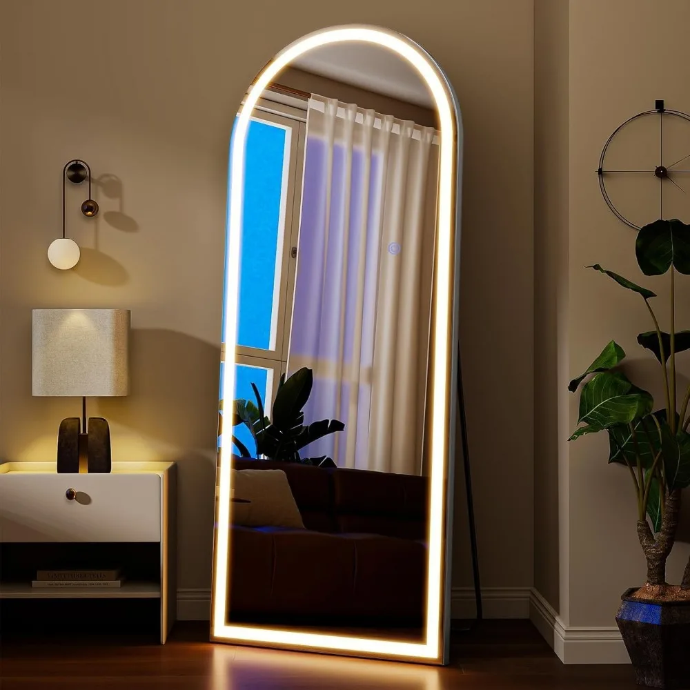 LED Full-Length Arched Floor Mirror with Dimmable Lights, 3 Color Modes, Standing or Wall Mounted for Body Viewing
