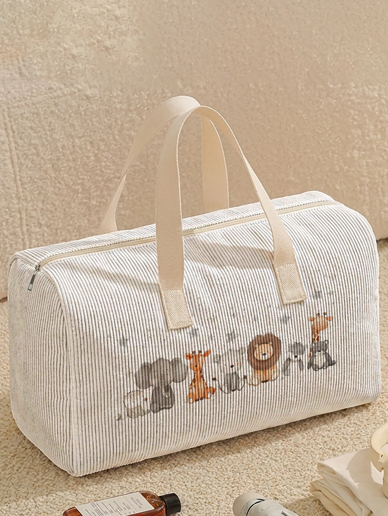 1pc, Two styles, Cute Jungle Animal Printed Corduroy Duffle Bag Portable Handbag suitable for Weekend Trip Sports Shopping