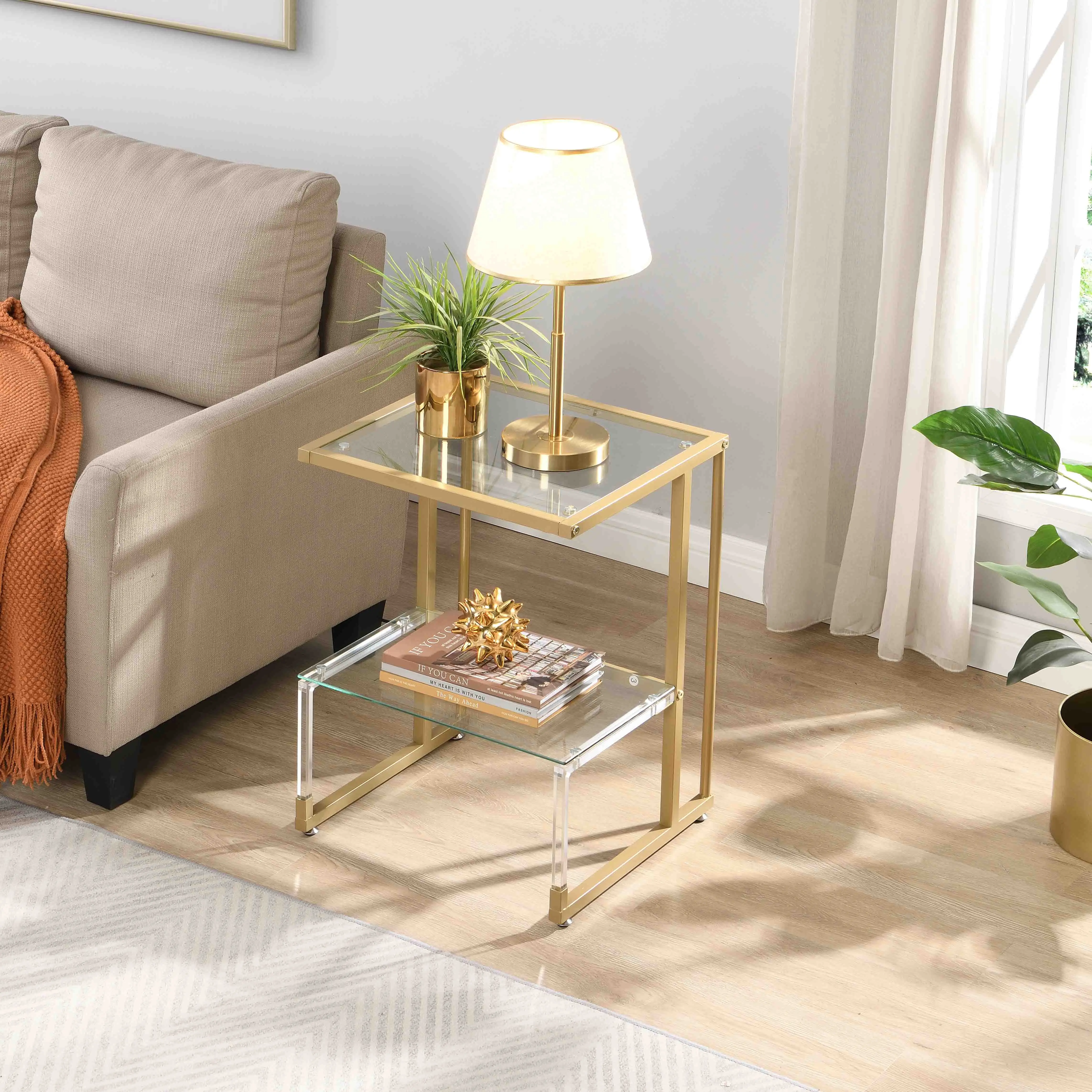 Black Friday Deal! Gold Finish 2-Layer Acrylic Side Table Stylish End Table for Living Room Bedroom Storage & Decoration