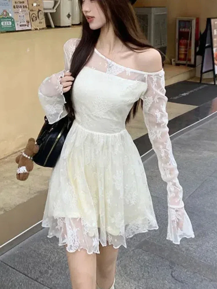 

Осеннее облегающее кружевное мини-платье, женская вечерняя одежда, тонкое осеннее винтажное платье с длинными рукавами, японская мода, элегантная верхняя одежда