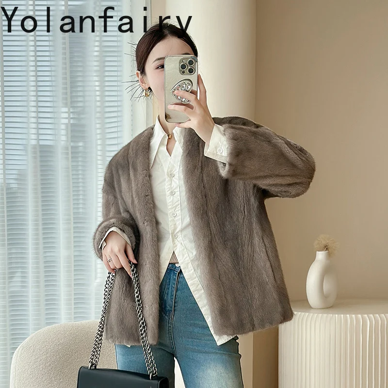 YOLANFAIRY Naturalny Płaszcz z Futra Damski Luksusowy 2025 Zimowy Prawdziwy Futro z Norek Całe Kobiety Odzież Modna Krótka Kurtka z Futra Odzież Wierzchnia