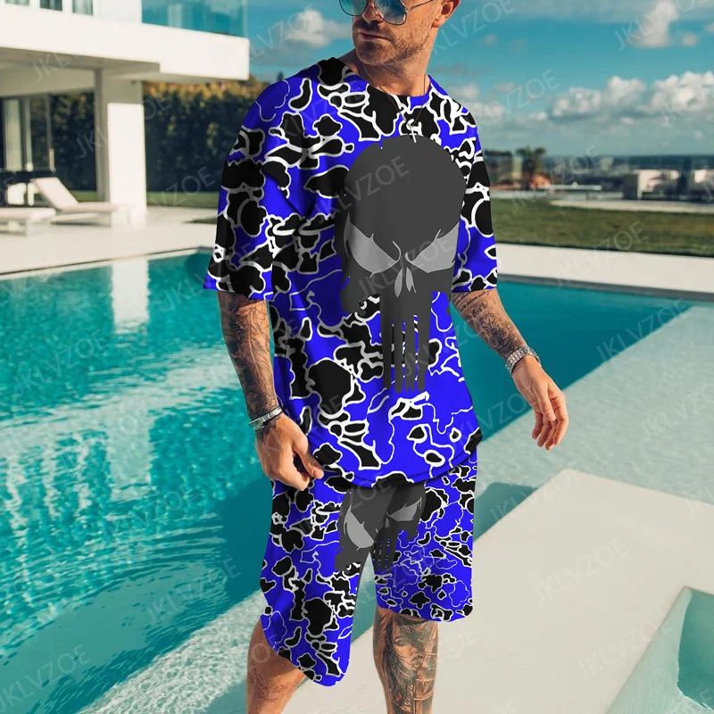 New Summer Men's Tracksuit Upscale Fashion 2 Pieces Bright Color Vintage Oversized Set Popular Skull Casual Handsome Streetwear