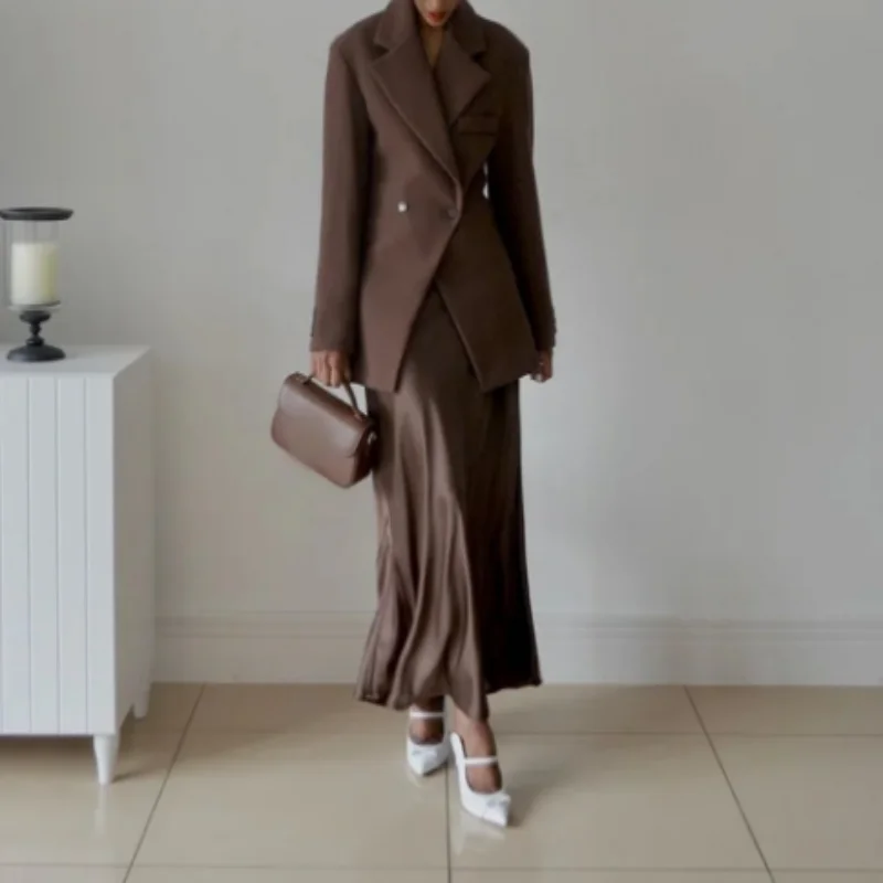 Women Fashion Solid Blazer Lapel Slim Double Breasted Long Suit Coat Female Office Lady Commute Woman Outercoat Top