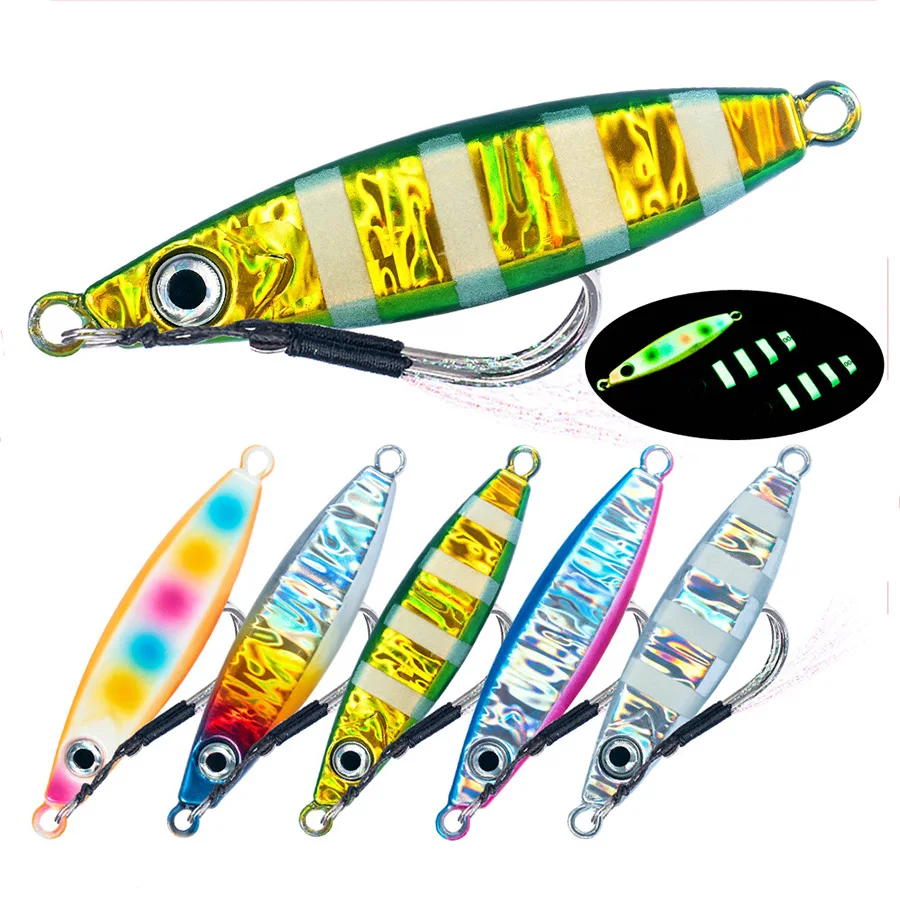 1PC Luminous Double Hook Metal Jig Lure 10-100g Laser Scale Slow Fall Jigging Bait for Seabass Mackerel Trout