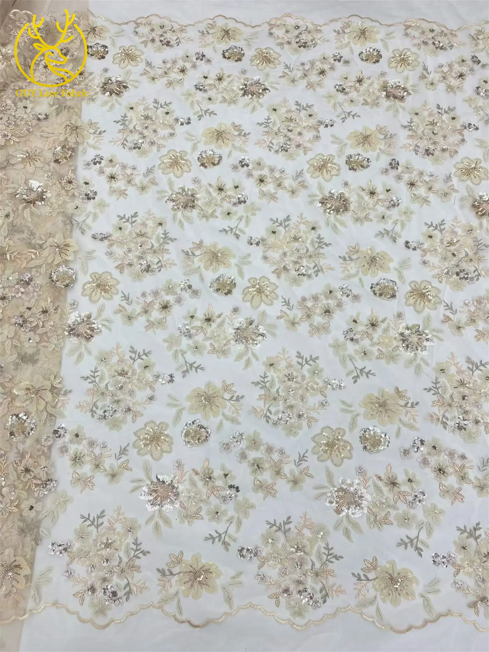 Eleganter Spitzenstoff mit Blumenstickerei und Pailletten, französischer Tüll mit Perlen, afrikanischer Spitzenstoff, nigerianische Spitze für Party- und Ballkleider – Detail 13