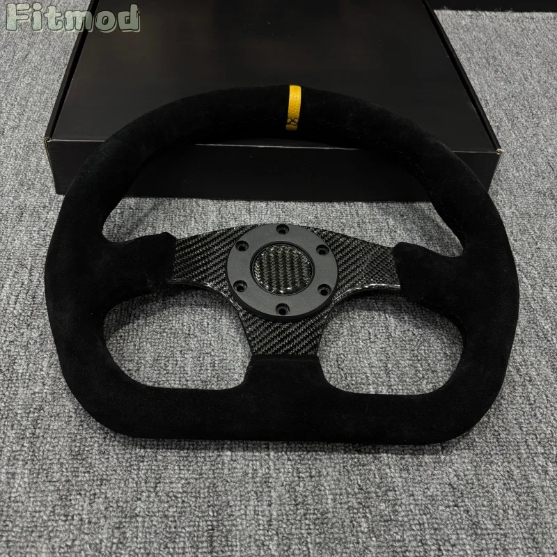 13-inch 320mm D-shaped steering wheel Suede Carbon Fiber Car Modified Steering Wheel Flat Gaming Steering Wheel Yellow Stripe PC