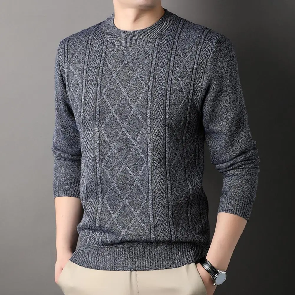 

Men Crewneck Sweater Cozy Knitted Sweater for Fall Winter Round Neck Long Sleeves Solid Color Pullover Thick Stretchy for Wear