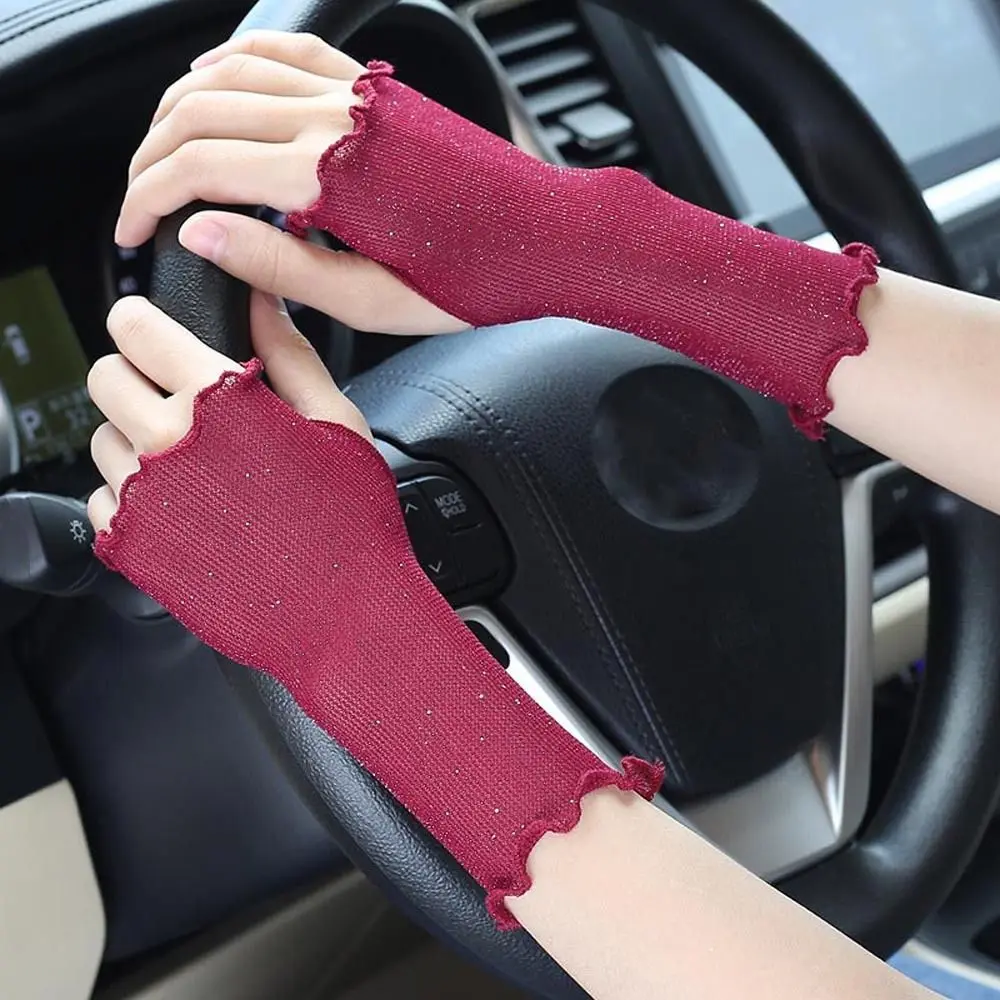 

Workout Elegant Non-Slip Transparent Touch Screen Shinny Ruffle Driving Half Finger Gloves Women Mittens Mesh Fingerless Gloves