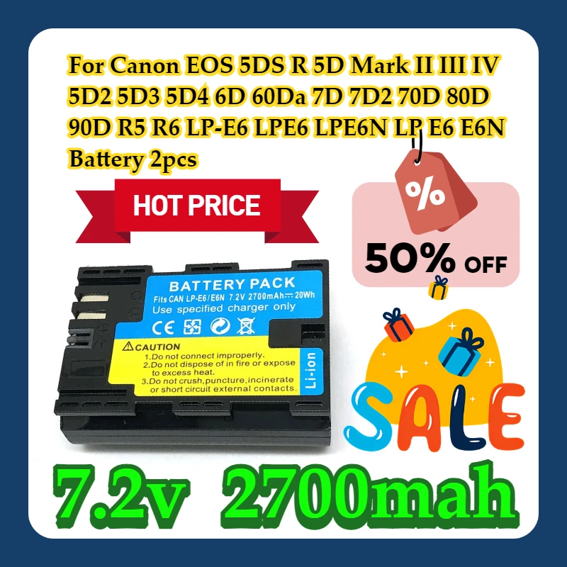 

For Canon EOS 5DS R 5D Mark II III IV 5D2 5D3 5D4 6D 60Da 7D 7D2 70D 80D 90D R5 R6 LP-E6 LPE6 LPE6N LP E6 E6N Battery 2pcs