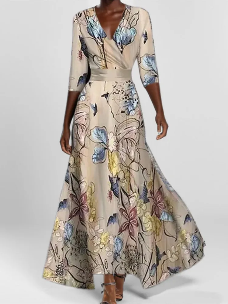 

Spring Temperament Waist-tight Slim Printed V-neck Long-sleeved Dress Women's Commuting Style High Waist Elegant Casual Dresses
